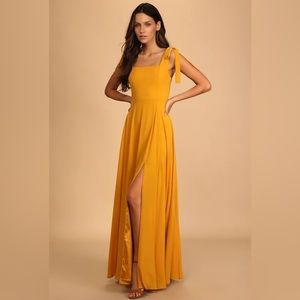 Lulu’s Love Me Forever Mustard Yellow Tie-Strap Square Neck Maxi Dress